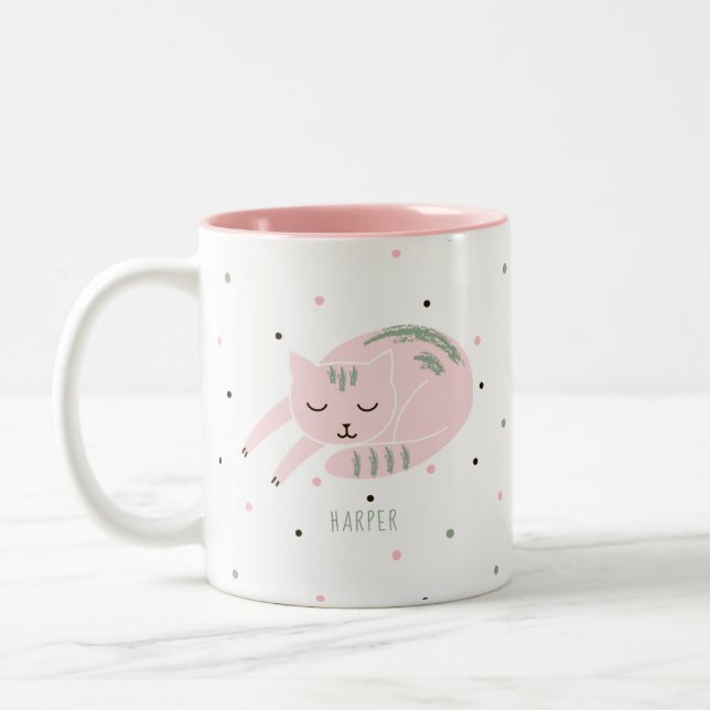 Pink Sleeping Cat Personalized Two-Tone Coffee Mug (Left)