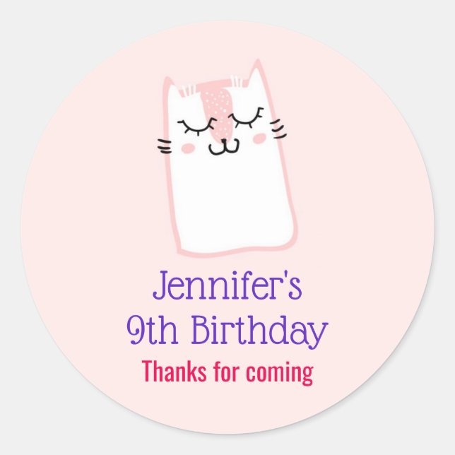 Pink Sleeping Kitty Cat Birthday Thank You Classic Round Sticker (Front)