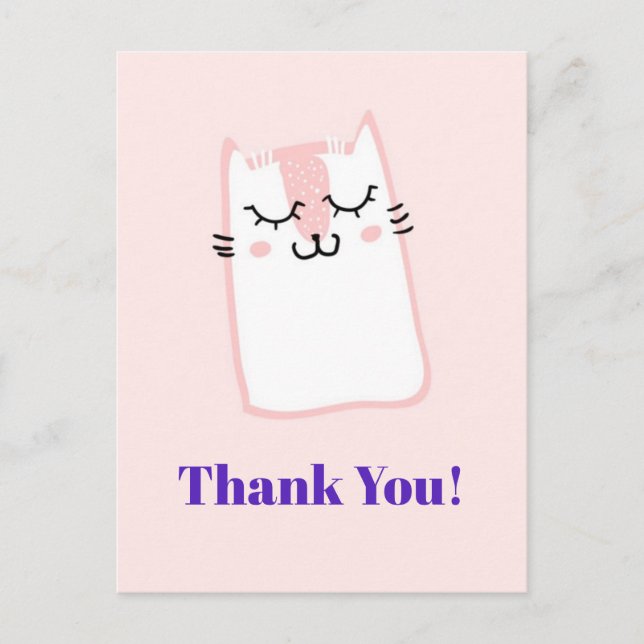 Pink Sleeping Kitty Cat Party Thank You Postcard (Front)