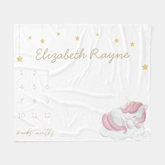 Pink Sleeping Unicorn Gold Stars Baby Milestone Fleece Blanket (Front (Horizontal))