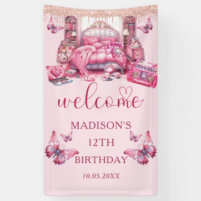 Pink Sleepover Girl Birthday Personalized Banner (Vertical)