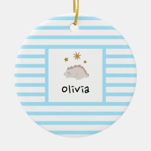 Pink Sleepy Baby Dino   Baby Blue Stripe Modern Ceramic Ornament