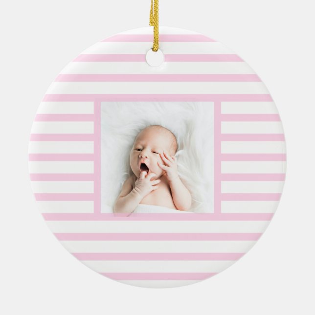 Pink Sleepy Baby Dino | Baby Pink Stripe Modern Ceramic Ornament (Back)