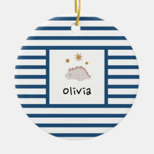 Pink Sleepy Baby Dino Dark Blue Stripe Modern Ceramic Ornament