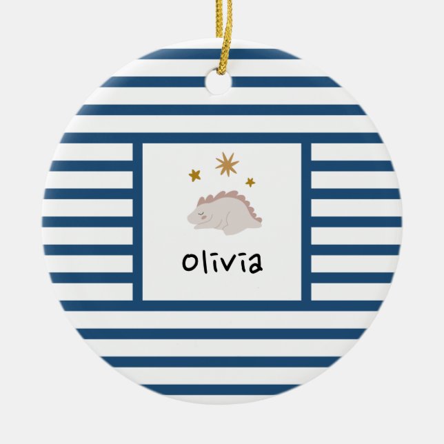 Pink Sleepy Baby Dino | Dark Blue Stripe Modern Ceramic Ornament (Front)