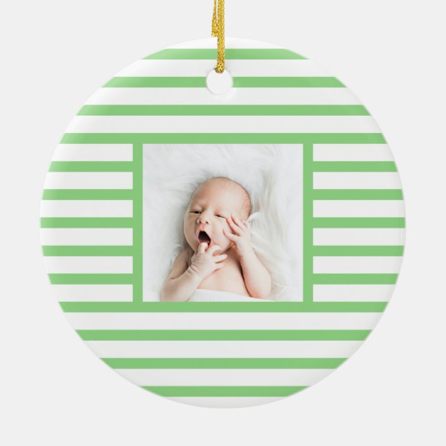 Pink Sleepy Baby Dino | Green Stripe Modern Ceramic Ornament (Back)