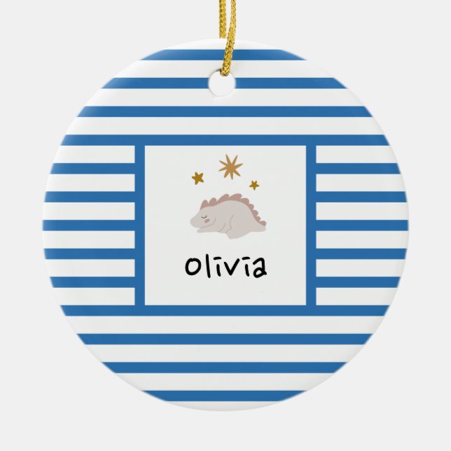 Pink Sleepy Baby Dino | Navy Blue Stripe Modern Ceramic Ornament (Front)
