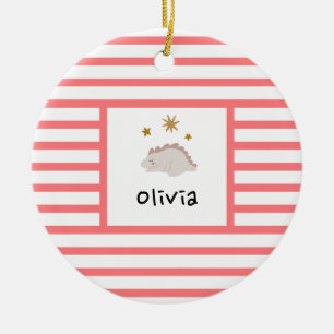 Pink Sleepy Baby Dino Red Stripe Modern Ceramic Ornament