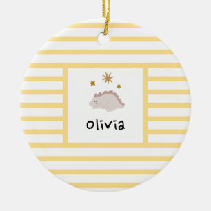 Pink Sleepy Baby Dino Yellow Stripe Modern Ceramic Ornament