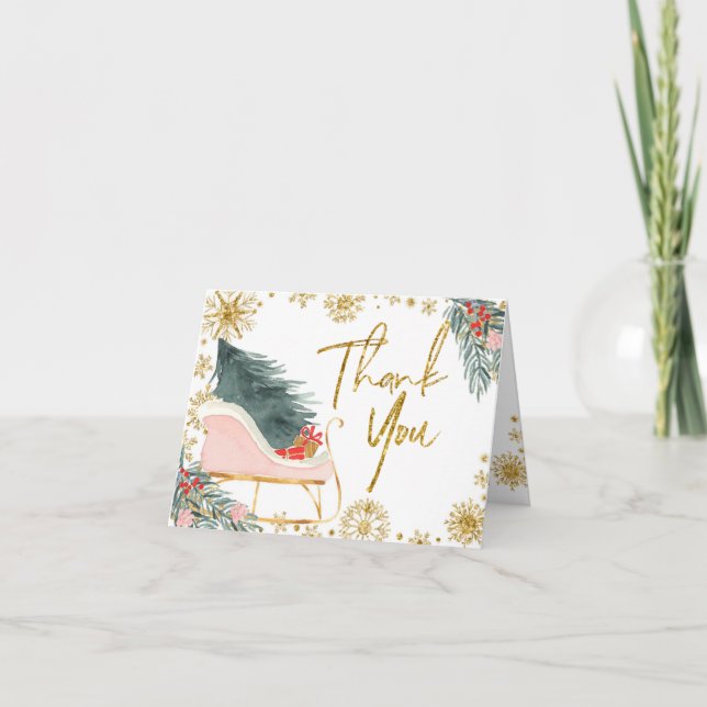 Pink Sleigh Baby Shower Little Bundle of Joy Thank You Card (Front)