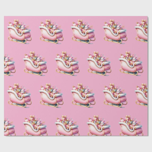 Pink Sleigh Christmas Holiday Wrapping Paper (Flat)