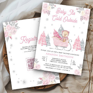 Pink Sleigh Cute Teddy Bear Baby Shower Invitation