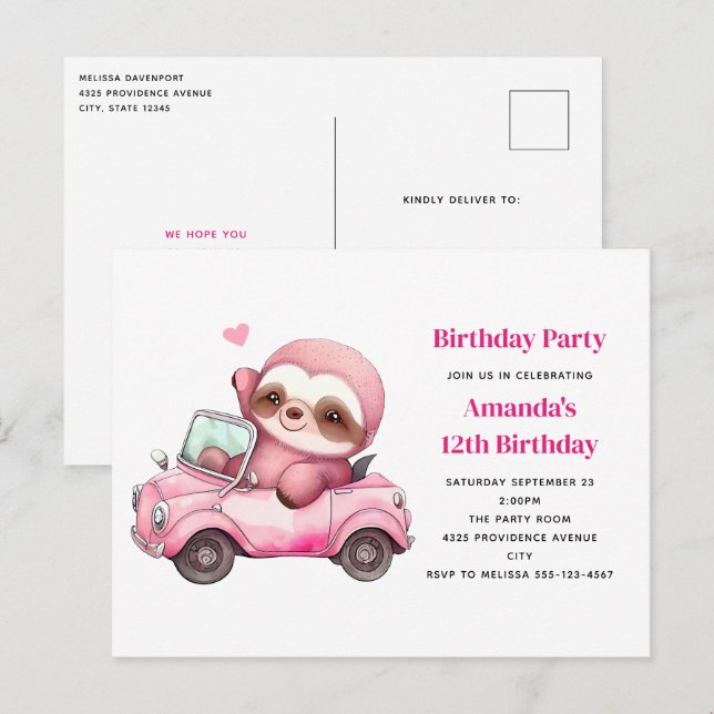 Pink Sloth Driving a Convertible Birthday Party Postcard (Front/Back)