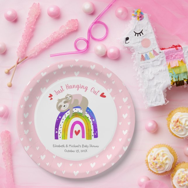 Pink Sloths Boho Rainbow Girl Baby Shower Modern Paper Plate (Party)