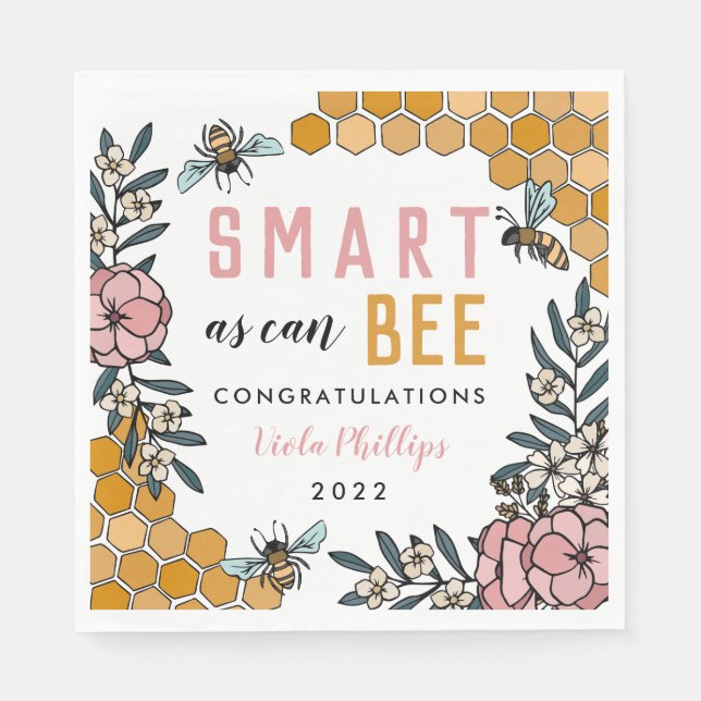 Pink Smart as can Bee Graduation Party Napkin (Front)