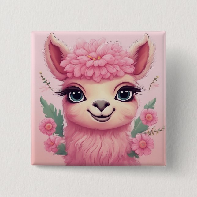 Pink Smiling Baby Lama 2 Inch Square Button (Front)
