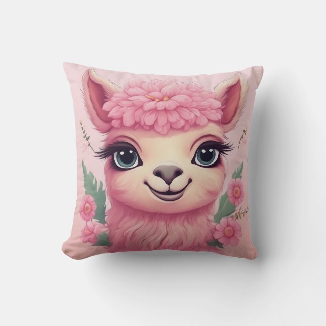 Pink Smiling Baby Lama Throw Pillow (Front)