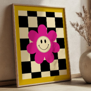 Pink Smiling Daisy on Black& White Chequered Retro Poster