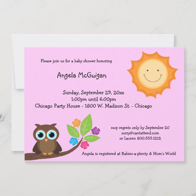 Pink Smiling Sunshine And Owl Baby Shower Invite (Front)