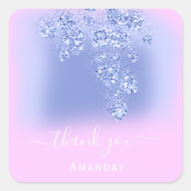Pink Smoky Blue Glitter Floral Bridal Favour Square Sticker (Front)
