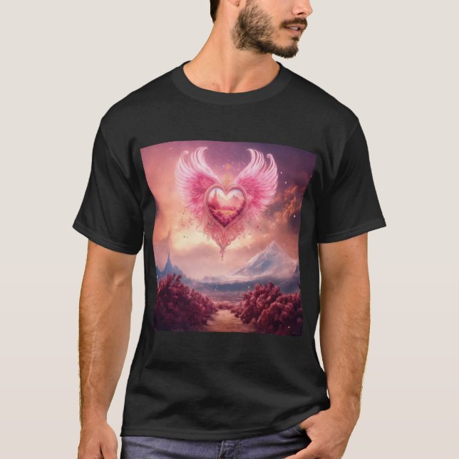 Pink Smoky Heart with Wings in White Desert T-Shirt (Front)
