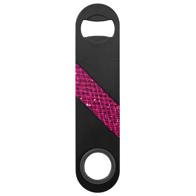 Pink snakeskin glitter effect stripe black leather speed bottle opener (Front)