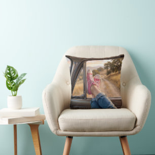 Pink Sneakers in Retro Car Window Throw Pillow