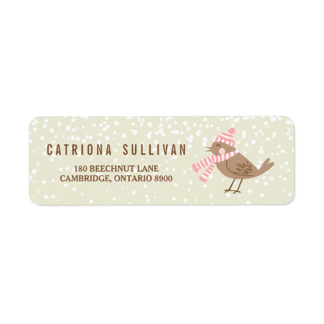 Pink Snow Bird Floral Holiday Return Address Label (Front)