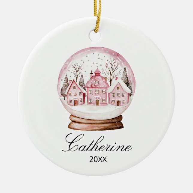 Pink Snow Globe Christmas Cozy Town Custom Name Ceramic Ornament (Front)