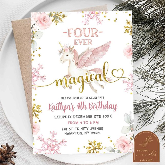 Pink Snow Magical Unicorn Winter 4th Birthday Invitation (Creator Uploaded)