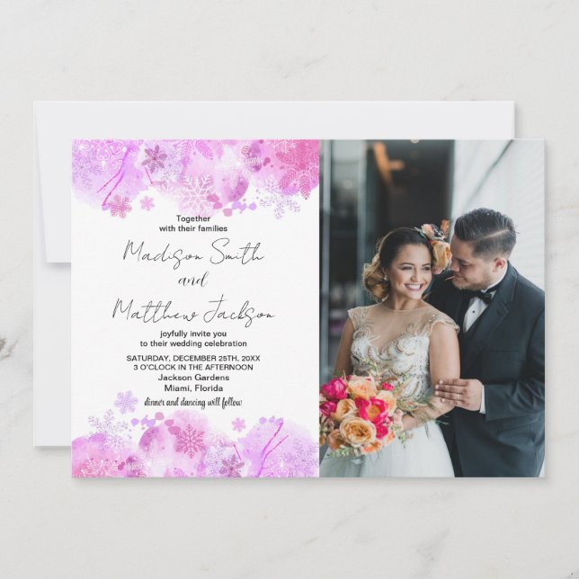 Pink Snow Wedding Invitations with photo (Front)