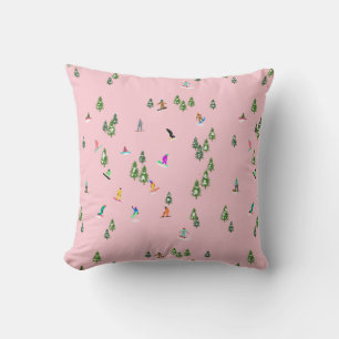Pink Snowboarders Snowboarding Illustration    Throw Pillow