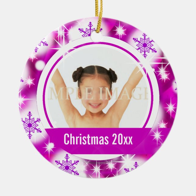 Pink snowflake 2 photo personalize ceramic ornament (Front)