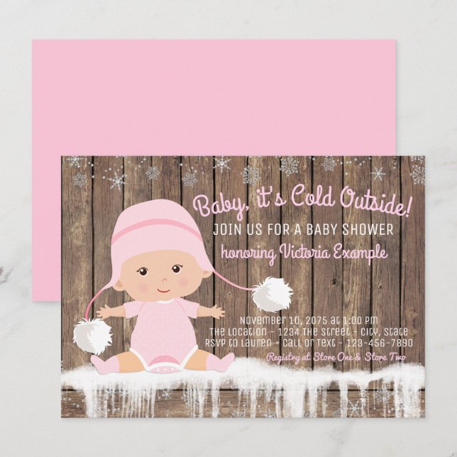 Pink Snowflake Baby its Cold Outside Baby Shower Invitation (Front/Back)