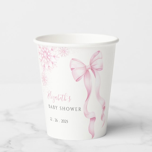 Pink Snowflake Baby Shower Stickers Paper Cups (Back)