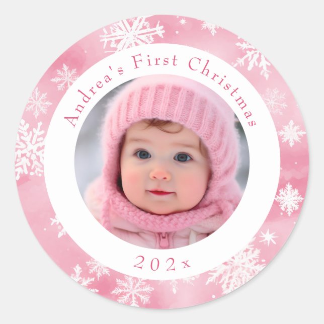 Pink Snowflake Baby's First Christmas Photo Classic Round Sticker (Front)