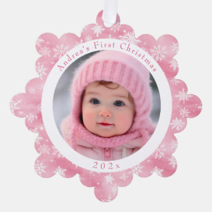 Pink Snowflake Baby's First Christmas Photo Ornament Card