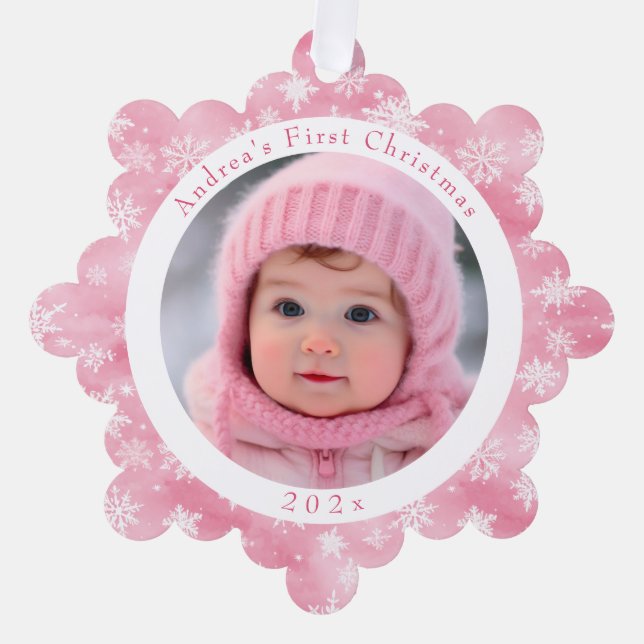 Pink Snowflake Baby's First Christmas Photo Ornament Card (Front)