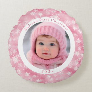 Pink Snowflake Baby's First Christmas Photo Round Pillow