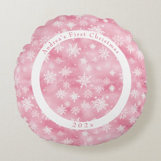 Pink Snowflake Baby's First Christmas Photo Round Pillow (Front)