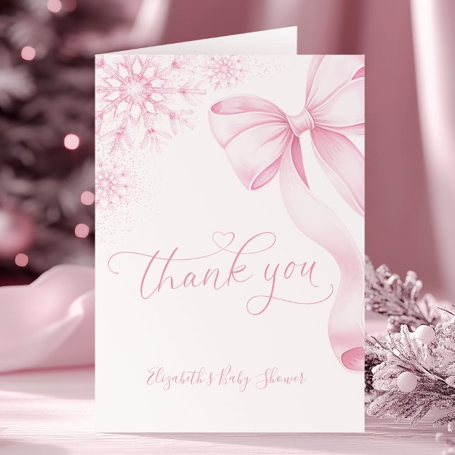  Pink Snowflake Bow Baby Shower Foldable Thank You Card (Creator Uploaded)