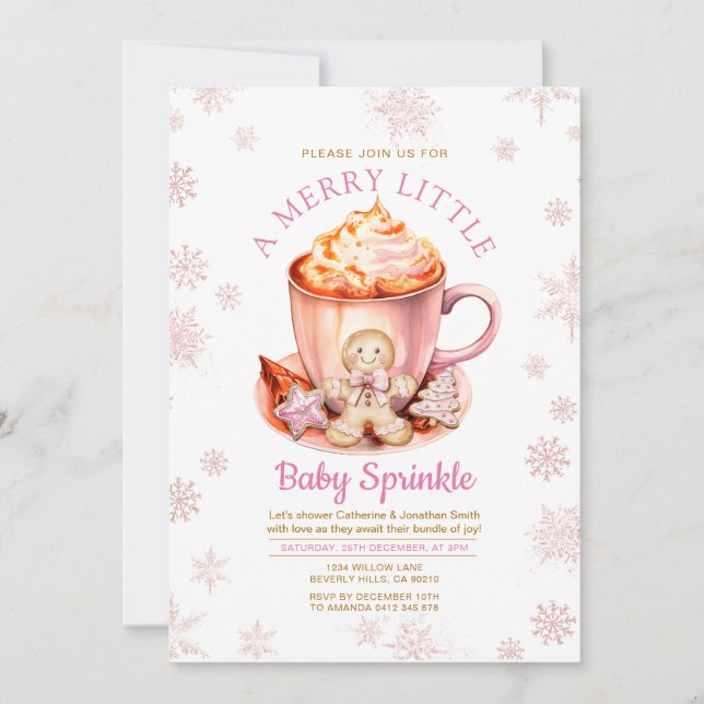 Pink Snowflake Gingerbread Christmas Baby Sprinkle Invitation (Front)