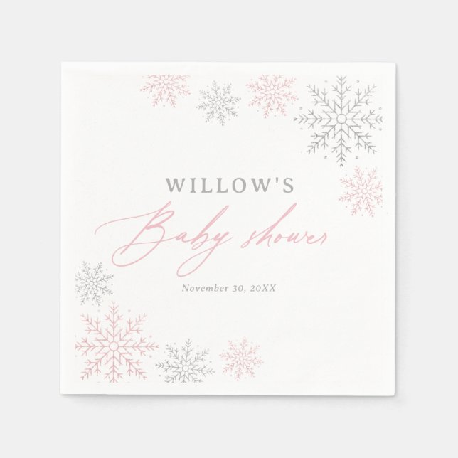 Pink Snowflake Girl Baby Shower Napkin (Front)