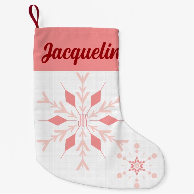 Pink Snowflake JOY with Name Small Christmas Stocking (Front)
