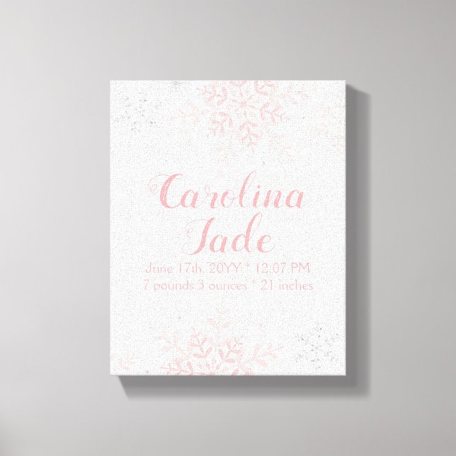 Pink Snowflake Nursery Baby Statistics Wall Art (Front)