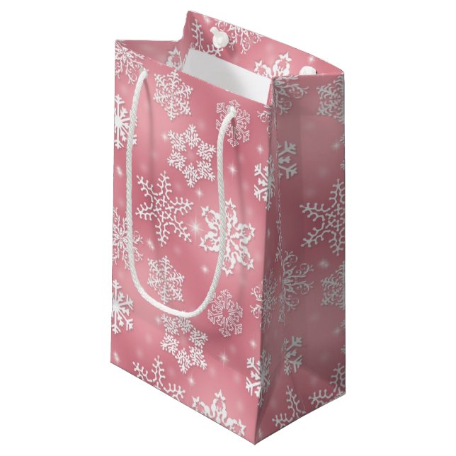 Pink Snowflake pattern small gift bag (Front Angled)