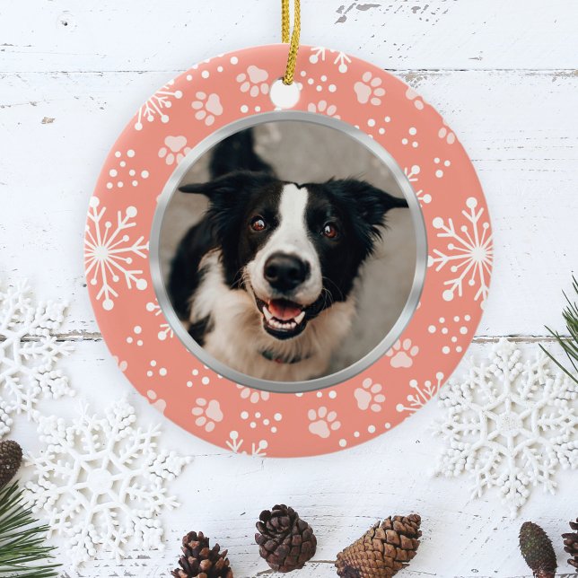 Pink Snowflake Paw Pattern Pet Photo Ceramic Ornament (Creator Uploaded)