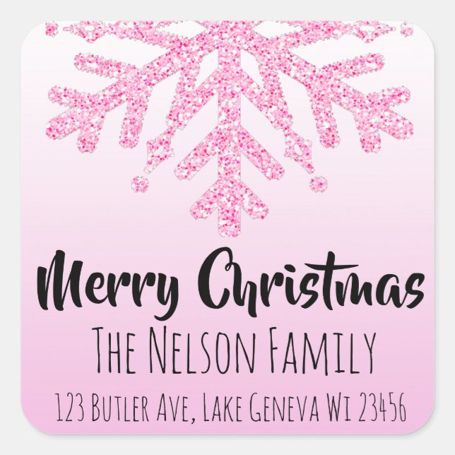 Pink Snowflake Personalized Christmas Square Sticker (Front)
