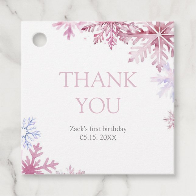 Pink Snowflake Square Favour Tags (Front)