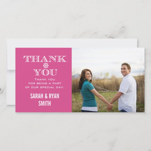 Pink Snowflake Wedding Photo Thank You Cards (Front)